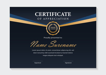 luxury dark blue and gold certificate template with award badge