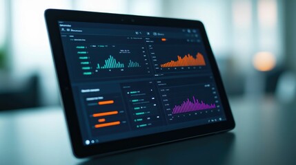 Close up view of a tablet display showcasing a real time business analytics dashboard with various data visualizations and performance metrics for modern financial and management purposes