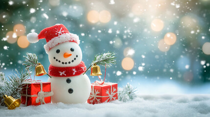 Fototapeta premium Winter holiday background banner cute snowman Merry christmas and happy new year