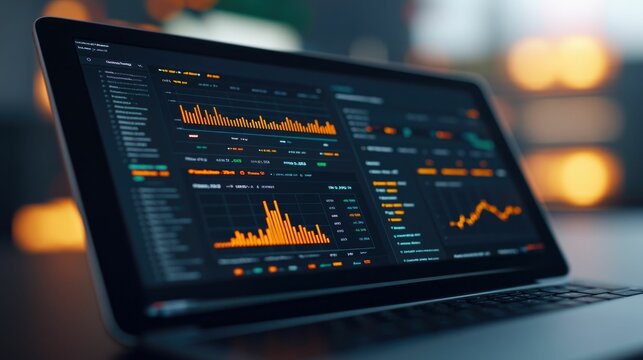 Close up view of a tablet device displaying a real time interactive business analytics dashboard with charts graphs and data visualizations for financial reporting performance management