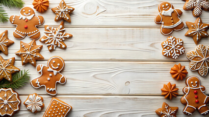 Christmas Gingerbread Cookies On White Wooden Background With Empty Space For Insertion, Top View For Your Design