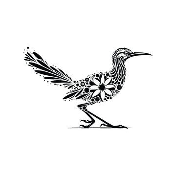 recommend clip art: Roadrunner bird made by simple flower drawing, black and white animal illustration
