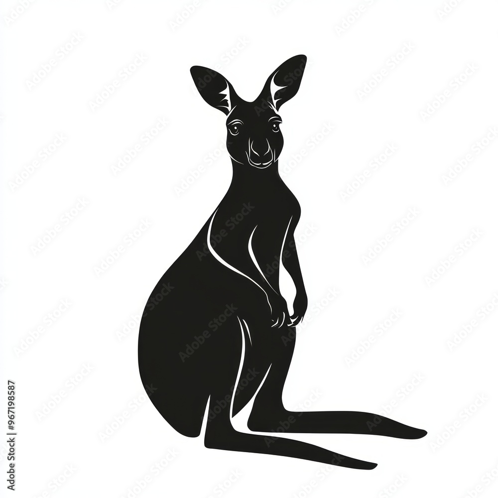 Wall mural Black silhouette of a kangaroo standing on white background.