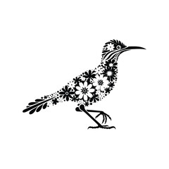 Obraz premium Roadrunner bird made by simple flower drawing, black and white animal illustration