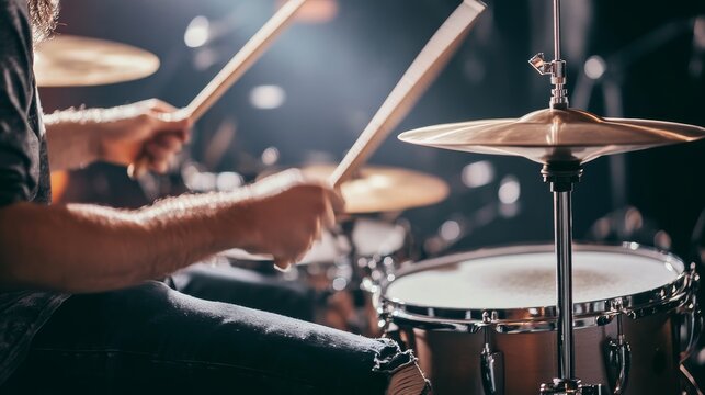 A drummer performing on stage, capturing the energy and rhythm of live music through dynamic hand movements.