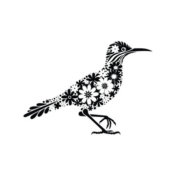 recommend clip art: Roadrunner bird made by simple flower drawing, black and white animal illustration