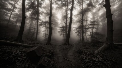 Fototapeta premium Generative AI, A misty forest path surrounded by tall trees in monochrome