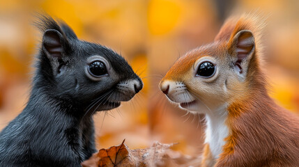 Obraz premium Two squirrels are standing next to each other, one black and one brown