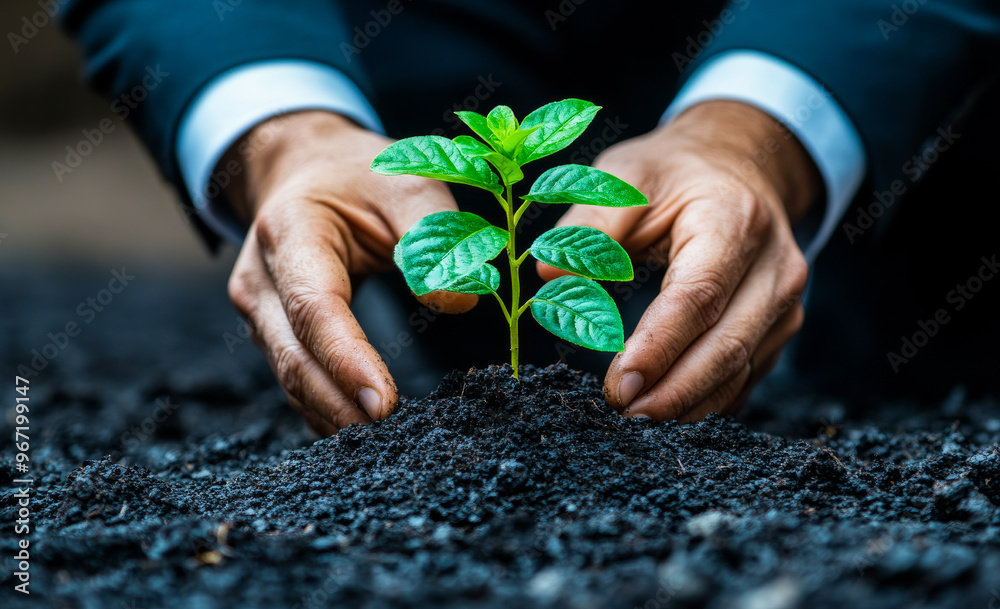 Wall mural A man is planting a small green plant in the dirt. Concept of growth and nurturing, as the man carefully places the plant in the soil