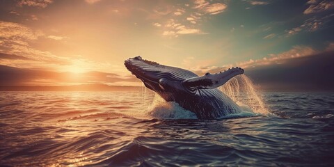 Blue fin whale emerging from the water