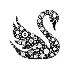 Swan bird made by simple flower drawing, black and white animal illustration