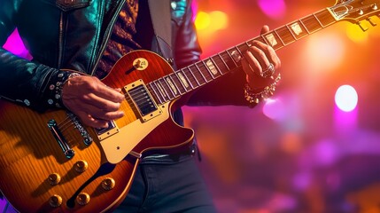Fototapeta premium A close-up of a guitarist passionately playing an electric guitar on stage, surrounded by colorful lights.