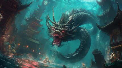 Wukong retrieving the magical Ruyi Jingu Bang from the underwater Dragon Palace, surrounded by shimmering treasures