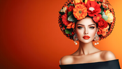 Naklejka premium woman adorned vibrant floral headdress, showcasing Hispanic heritage through cultural celebration