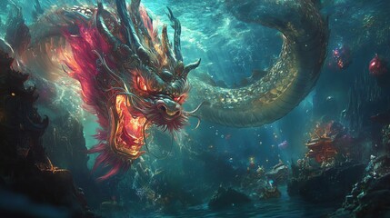 Wukong retrieving the magical Ruyi Jingu Bang from the underwater Dragon Palace, surrounded by shimmering treasures