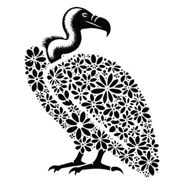 recommend clip art: Vulture bird made by simple flower drawing, black and white animal illustration