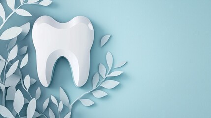 Paper cut mockup of tooth on blue background. Dental care concept. International Dentist Day. Greeting card for professional holiday.