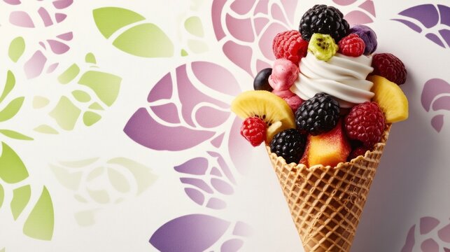 A waffle cone filled with vanilla yogurt and fresh fruit.