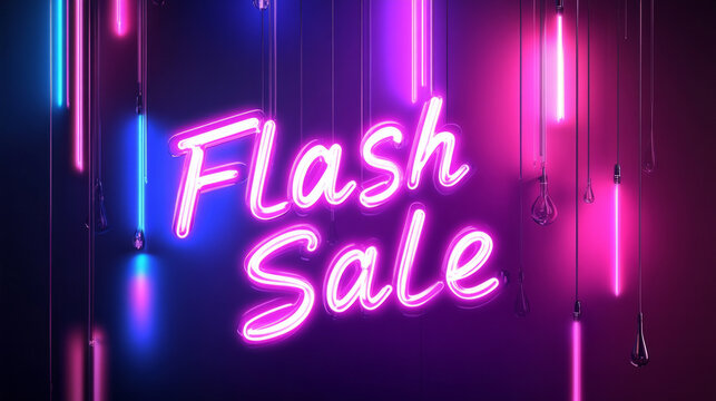 Bright neon flash sale sign illuminated against a colorful wall at night showcases the excitement of limited-time offers