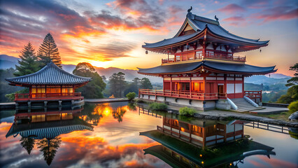 Japanese Temple In The Morning At Sunrise - Landscape