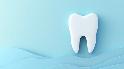 Paper cut mockup of tooth on blue background. Dental care concept. International Dentist Day. Greeting card for professional holiday.