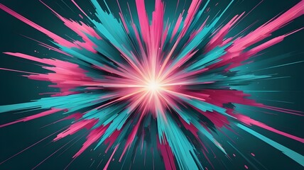 A dynamic abstract explosion of teal and pink streaks radiating from a central point, resembling a...