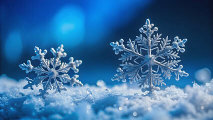 Detailed close-up of intricate snowflakes resting on snow