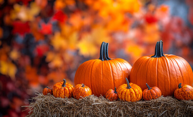 Two pumpkins sit on top of a hay bale with other pumpkins surrounding them. The scene is set in autumn, with the pumpkins and leaves creating a warm and cozy atmosphere. Halloween