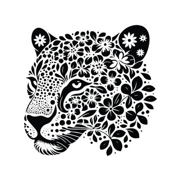 recommend clip art: Jaguar made by simple flower drawing, black and white animal illustration