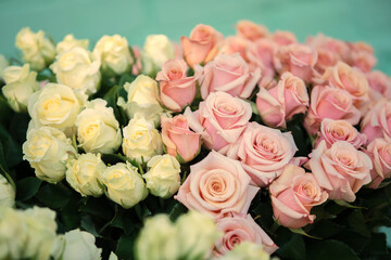 Vintage bouquet of white and pink roses on a green background.