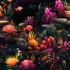 Seamless underwater pattern inspired by deep sea coral reefs, vibrant glowing coral formations, swirling currents and sea creatures 