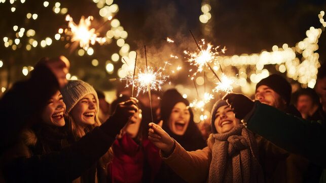 Group of friends celebrating with sparklers under festive lights during a night celebration in winter