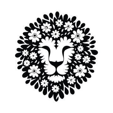 recommend clip art: Lion made by simple flower drawing, black and white animal illustration