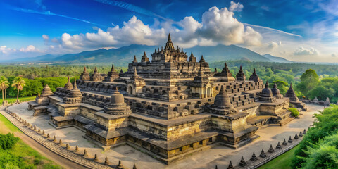 Obraz premium Panoramic view of Borobudur sacred temple with black stone stupas in Yogyakarta, Java, Indonesia , Borobudur, sacred