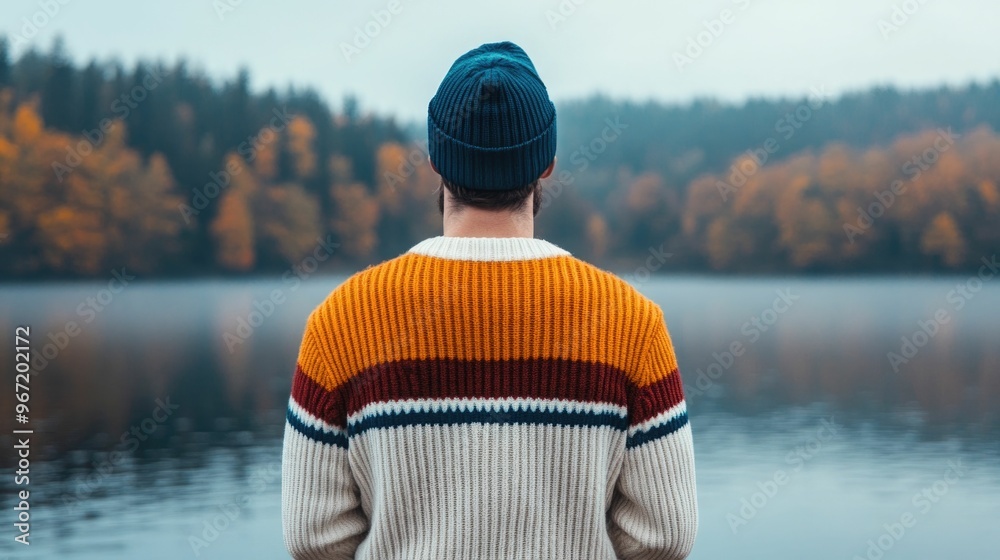 Wall mural a thoughtful man dressed in a cozy fisherman s sweater and beanie stands by the edge of a misty sere