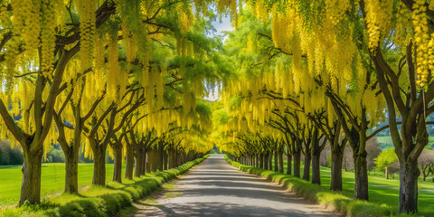Naklejka premium Gelber Herzbaum in form einer Herzallee zwischen Geratskirchen und Unterdietfurt, Stadlthann, Bayern