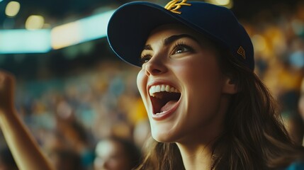 Fototapeta premium Excited Young Woman Cheering Enthusiastically In Stadium Crowd