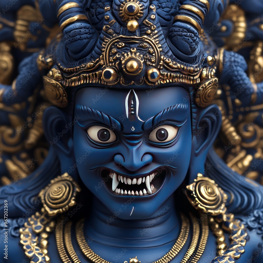 Poster Close-up of a blue and gold deity statue with fierce expression.