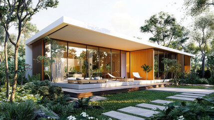 Fototapeta premium Modern eco-friendly house surrounded by lush gardens and trees designed for outdoor living in a serene natural setting
