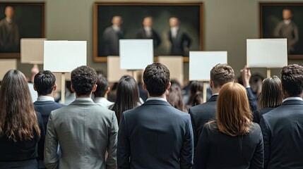 Obraz premium People in suits holding blank signs. Perfect for a protest, demonstration or political campaign.