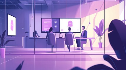 High-quality, minimalist, bright and creative illustrations of a business conducting virtual meetings and webinars, with participants engaged through video conferencing on large screens in a clean