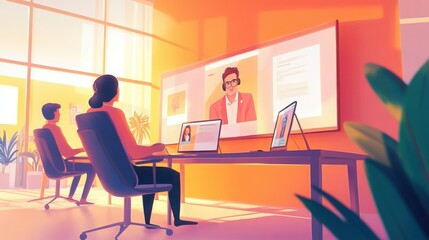 High-quality, minimalist, bright and creative illustrations of a business conducting virtual meetings and webinars, with participants engaged through video conferencing on large screens in a clean