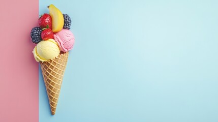 A waffle cone filled with scoops of pink and yellow ice cream topped with strawberries, blueberries, and a banana slice on a pink and blue background.