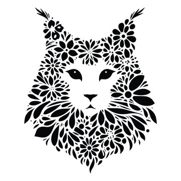 recommend clip art: Maine Coon cat made by simple flower drawing, black and white animal illustration