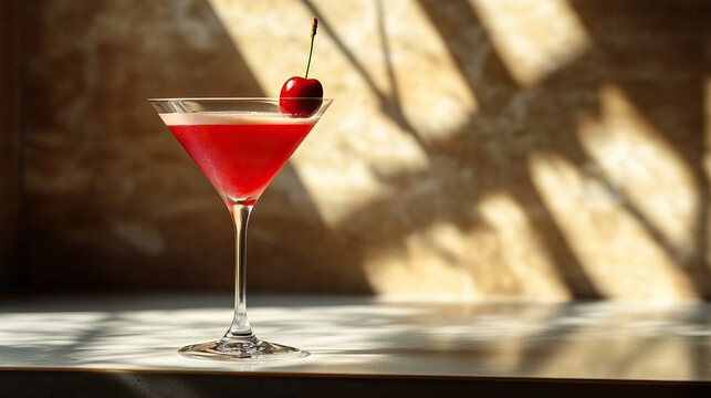 Chocolate Cherry Martini drink in modern off-white minimalist trendy stylish vegan plant-based cafe bar setting with stucco concrete wall, product photography, outdoors, sunny, beverage