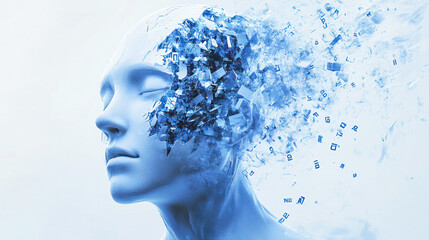 Fragmented head with digital particles dispersing