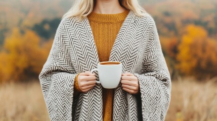 Cozy Autumn Moment A woman in a poncho and wide leg pants enjoying a cup of coffee on a chilly autumn morning surrounded by a serene natural landscape