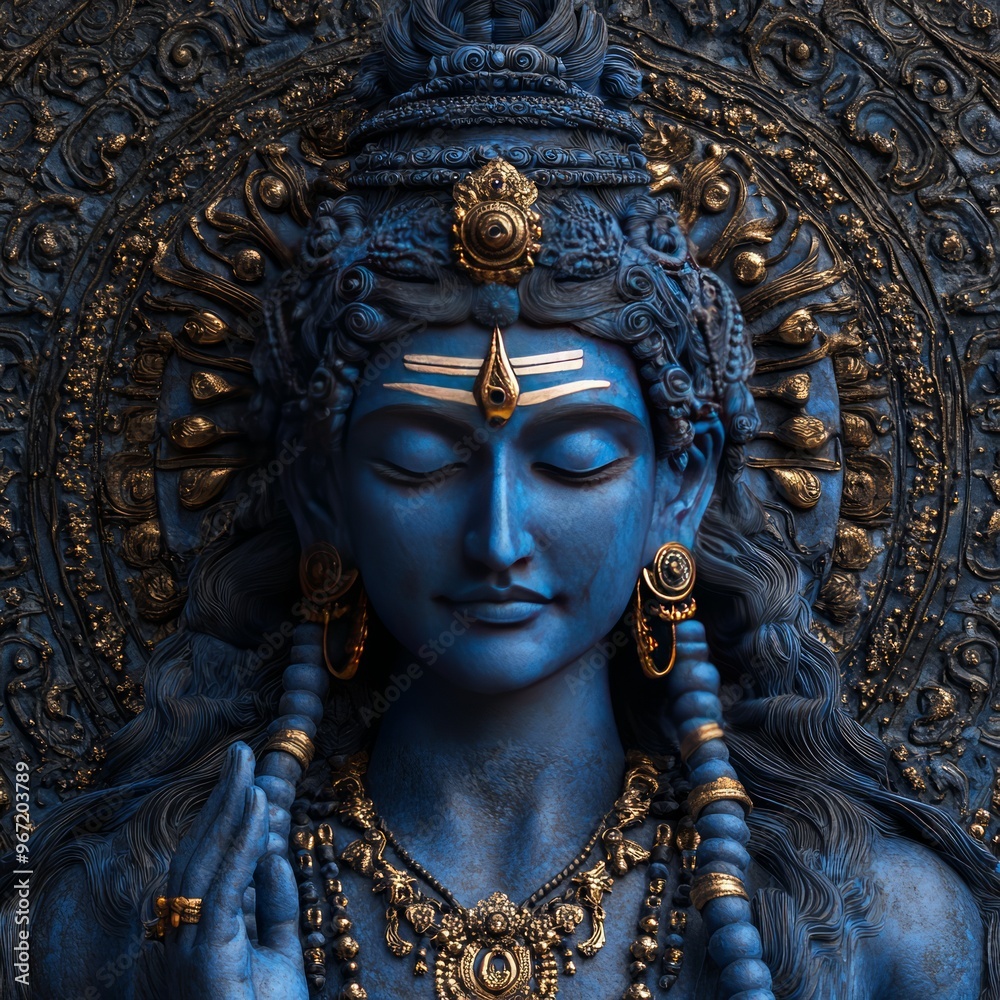 Poster Close-up of a blue statue of Shiva with closed eyes, golden jewelry and a white tika on his forehead.