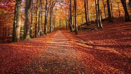 Obraz premium A scenic, winding pathway in the woods, completely covered by a layer of fallen autumn leaves in shades of red, orange, and yellow, capturing the essence of fall.