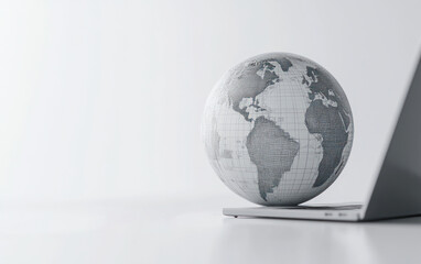 Modern grayscale globe emerging through laptop screen